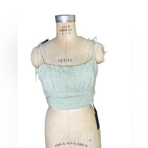 Blank NYC L green and white gingham tie shoulder crop top
